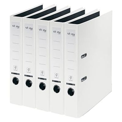 VON Leitz Pack of 5 A4 Folders, Cardboard with Plastic Cover, 50 mm Spine Width, for 350 Sheets, FSC-Certified Cardboard, for School, Study & Home, White, 10561001