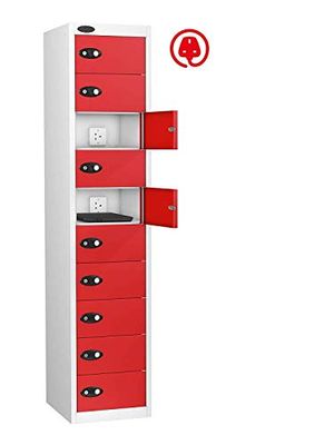 10 Door Media Charging Locker, Red, Hasp Lock