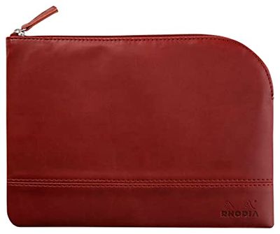RHODIA 116627C - Faux Leather Zipped Pouch - Burgundy - Size M (16x22 cm) - Real Stitching - Orange Fabric Interior - Storage for Documents, Small Supplies