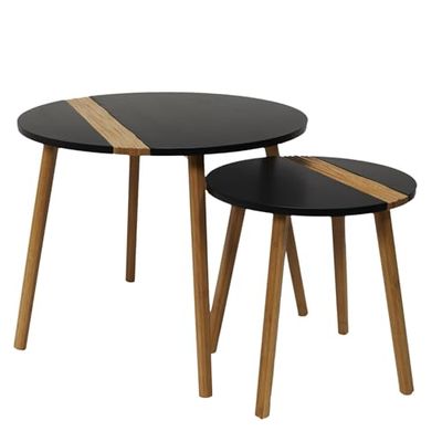 THE HOME DECO FACTORY Salontafel, rond, tweekleurig, reliëf, zwart, engineering hout, klein 40 x 40 cm, 60 x 40 cm, 2 stuks