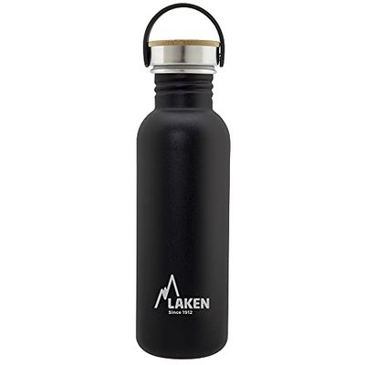 Laken Basic roestvrijstalen fles, drinkfles brede opening met roestvrijstalen schroefsluiting met bamboe, BPA-vrij 0,75 l, zwart