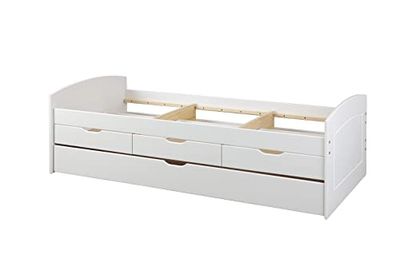 Inter Link - Cama nido - Cama con almacenaje - Cama con cajones en MDF - 2 plazas 90x200 cm - 3 cajones de almacenaje - Madera maciza barnizada en blanco - Sin somier ni colchón - 90x200 cm - Rieka