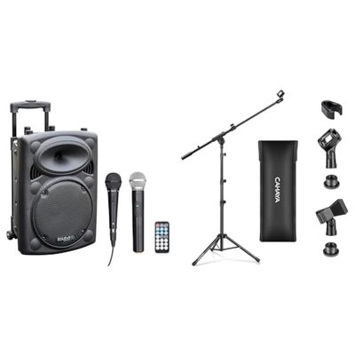 Ibiza - PORT10VHF-BT - Altavoz portátil 10"/500W MAX con 2 micrófonos (con Cable y VHF) & CAHAYA Soporte de Micrófono con Brazo con Dos Pinzas para Microfonos Pie de Micrófono Plegable