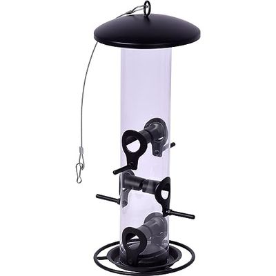 dobar® 11530e Grande mangeoire pour semis - Distributeur de Nourriture avec Tube en Verre Acrylique - avec Anneau d'approche pour Oiseaux Sauvages - 14 x 14 x 37 cm - Métal - Verre Acrylique - Noir