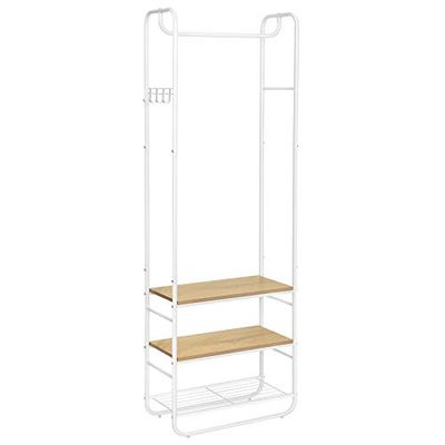 VASAGLE Perchero, Perchero con Zapatero, Estantes de Almacenamiento, Vestíbulo, Dormitorio, 58 x 28 x 181 cm, Estilo Escandinavo, Blanco Mate y Roble Dorado HSR81WN