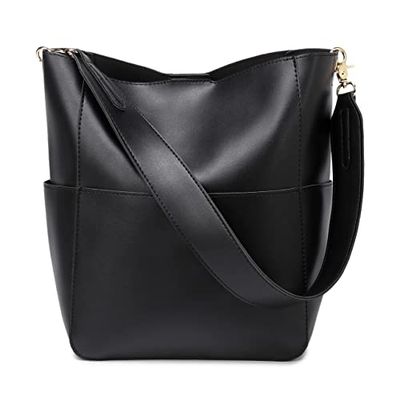 ZJIMLIN Bucket Purses for Women Designer PU Leather Bucket Bags With 2 Adjustable Guitar Strap Hobo Bags for Women, Black