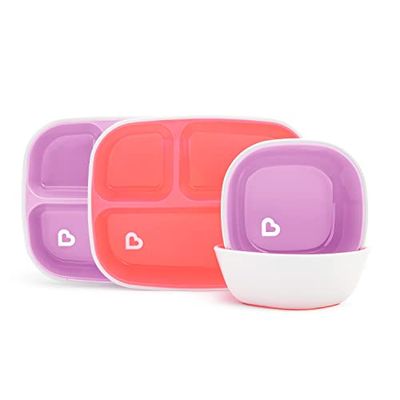 Munchkin Conjunto de sala de jantar Splash de 4 peças para crianças, conjunto de alimentação para bebé com 2 pratos e 2 tigelas, conjunto para 6 meses, livre de BPA, rosa / roxo