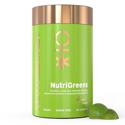 Nutriburst - NutriGreens - 22 Fruits + Vegetables + Herbs + Mushrooms + Live Bacteria Cultures - Boosted with Vitamins: Zinc, VIT C, D3, B5, B6, B12-60 Gummies 1 Month Supply - Suitable for Vegans