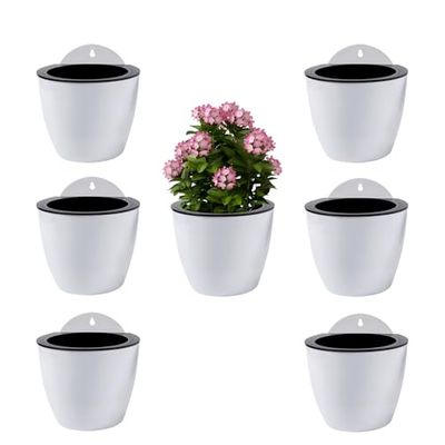 ShoppeWatch Jardinières Suspendues à Arrosage Automatique Lot de 7 | Deco Mural | Pot de Fleur Interieur, Exterieur | Decoration Murale Fenêtre | Blanc Plastique, Grande, 18 cms, à, Crochets PL35