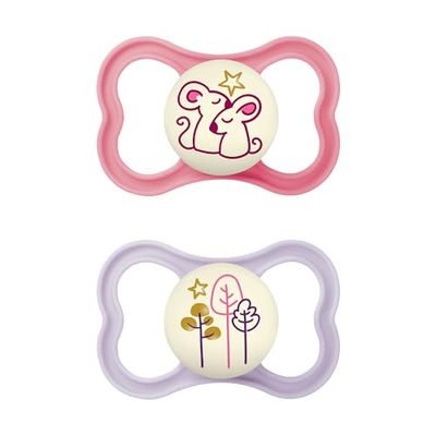 MAM Chupete con Escudo Ventilado que Brilla en la Oscuridad, a Partir de 16 Meses, con Tetina Simétrica, Plana y Flexible de Fácil Aceptación, con Caja Autoesterilizadora, MAM Air, Rosa Mate, 2uds