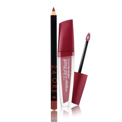 Deborah Milano zestaw do makijażu Red Touch Lipstick matowa pomadka w płynie, 12 Vintage Rose, intensywny kolor i bez transferu, 4,5 g i ołówek do ust 24 godziny, 03 brązowa, odporna na rozmazywanie i