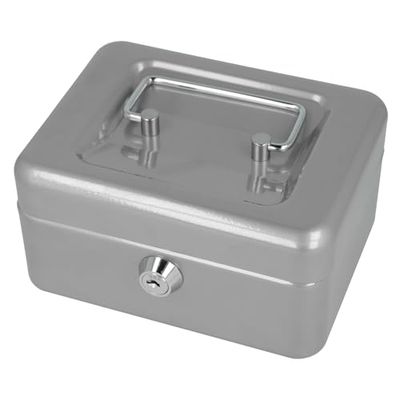 Westcott Caja de efectivo con cerradura (compacta, 15 cm) plata | Caja con cerradura de chapa de acero con 2 llaves | Inserto extraíble para monedas con 6 compartimentos | E-51000 SILVER