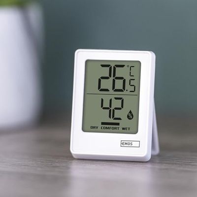 EMOS Binnenthermometer en hygrometer, werkt op batterijen (incl. CR2032), binnentemperatuur °C/°F, meetbereik -10 °C tot +50 °C, comfortsymboliek voor luchtvochtigheid binnenshuis