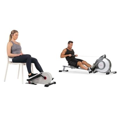 Sunny Health & Fitness Magnetic Rowing Machine, Extra Long Slide Rail, 8 Levels Resistance + Sunny Health and Fitness Portable Mini with Resistance, LCD Monitor, Foot & Leg Pedal Exerciser