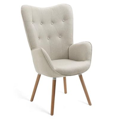 MEUBLE COSY Fåtölj, relaxfåtölj, ryggstolar, stoppad fåtölj, enkelsoffa med träben, öronfåtölj för vardagsrum, sovrum, kontor, vanity, tyg, beige, trä, 66 x 71 x 109 cm