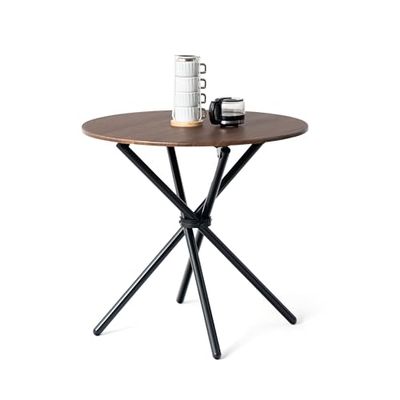 FurnitureR Tavolo da pranzo rotondo in noce – 80 cm, tavolo da tè del balcone, piano in legno retrò con quattro gambe in metallo nero, design compatto, versatile, per 2-4 persone cucina, caffè