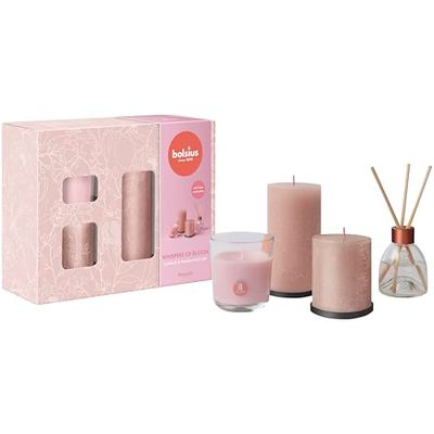 Bolsius Lot de 4 bougies pilier rustiques avec diffuseur de roseaux et bougie parfumée - Whispers of Bloom - Magnolia - Bougies décoratives d'intérieur - Longue durée de combustion - Avec cire