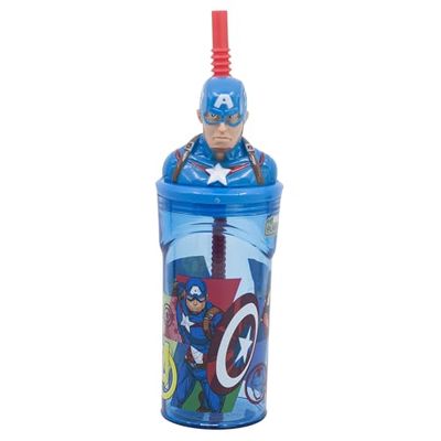Stor Vaso Infantil Reutilizable con Pajita y Tapa con figurita 3D y Capacidad de 360 ml de Capitán América - Los Vengadores