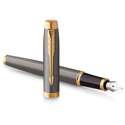 PARKER Pluma estilográfica IM | lacado gris y detalles dorados | plumín fino pulido de acero inoxidable | estuche de regalo