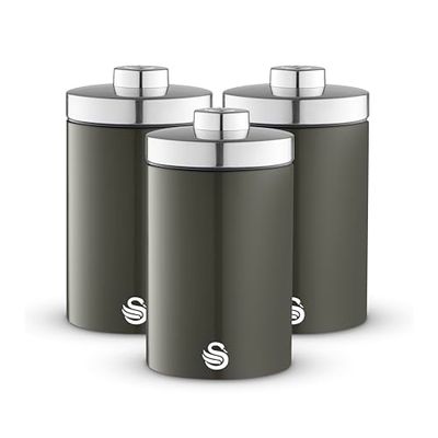 Swan SWKA18530GRP Townhouse Set of 3 Kitchen Storage Canisters for Tea, Coffee, and Sugar with Pull Chrome Handles, Airtight Lids, Colour Coated Iron and Chrome Accents, 1.6L, Graphite Grey