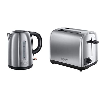 Russell Hobbs 20441 Snowdon Kettle, 1.7 Litre, Stainless Steel & 24080 Adventure Two Slice Toaster, Stainless Steel, 2 Slice, Brushed and Polished