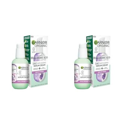 Garnier Organic Lavandin & Hyaluronic Acid Serum Cream, 2in1 Formula With Hyaluronic Acid serum & Hydrating Moisturiser, Replumps Skin & Reduces Fine Lines, Organic & Vegan Formula, 50ml (Pack of 2)