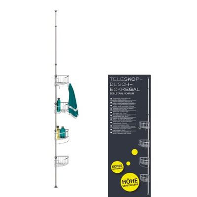 EISL Estantería telescópica para ducha con 4 cestas de ducha, sin agujeros, accesorios de baño, cesta de almacenamiento para baño, acero inoxidable