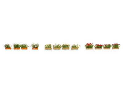 NOCH® Bloembakken bloeiend rood, wit en geel, 12 handbeschilderde planten voor de spoorbreedte H0, perfect voor gedetailleerde decoratie