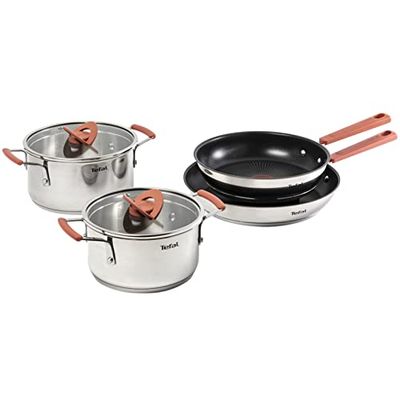 Tefal Batterie de cuisine 6 pièces, Faitouts 18/20 cm inox, Poêles 24/28 cm avec revêtement antiadhésif, Induction, Inox haute qualité, Poignées anti-dérapantes et anti-chaleur, OPTI'Space G720S604