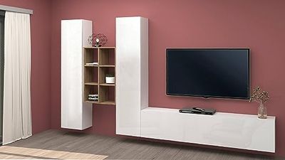 Dmora Mur équipé Emiliano, Set TV à 3 Portes, Meuble Salon Multi-usages, 100% fabriqué en Italie, 320 x 30 x 180 cm, Blanc Brillant et érable, Bois d'ingénierie, Grand modèle