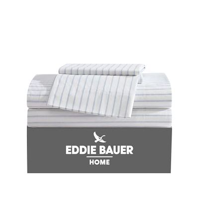 Eddie Bauer - Lenzuola Queen, percalle di cotone set di biancheria da letto, fresco e fresco decorazione per la casa (Essential Stripe bianco, Queen)