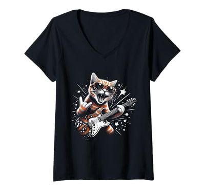 Donna Funny Rock Cat Playing Guitar Rock and Roll Cat Kitten Lover Maglietta con Collo a V