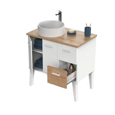 Muebles Pitarch | Mobile da bagno con lavabo in ceramica incluso, 80cm, con piedi , 2 cassetti e 2 porte, per lavabo da appoggio, Bianco e Rovere , Moderno Nordico Vintage