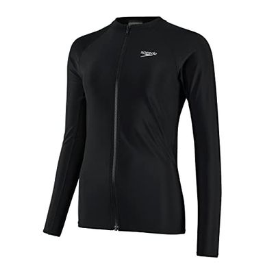 Speedo Full Zip Long Sleeve Sun Protection Rash Top Rash Guard Top Femme, Noir/Blanc, XL