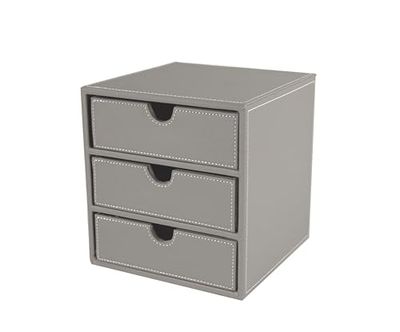 OSCO Grey Faux Leather 3 Drawer Chest | Small Item Storage | Stackable | Lego Container | Makeup Container | Jewellery Box | Stationery Organiser | Not A4 Size | H18.2 x W17 x D17 cm