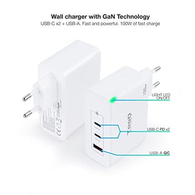 Cargador de Pared 100W GAN con 2 Puertos USB-C y 1 USB-A, Carga rápida para Dispositivos móviles y Accesorios electrónicos.