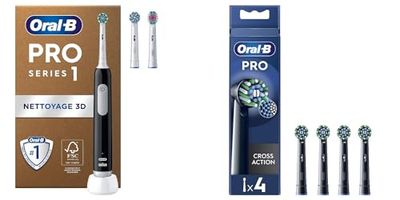 Oral-B Pro Series 1 Brosse À Dents Électrique Noire + Pack De 4 Brossettes Pro Cross Action Noire pour Brosse à dents électriques