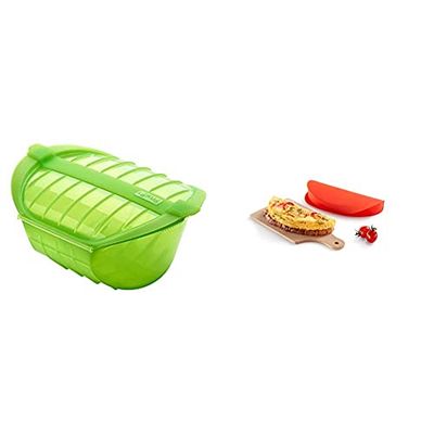 Lékué Estuche hondo XL para el microondas, capacidad de 1000 ml, para 3-4 personas, color verde + Recipiente para cocinar tortillas francesas en microondas, color rojo