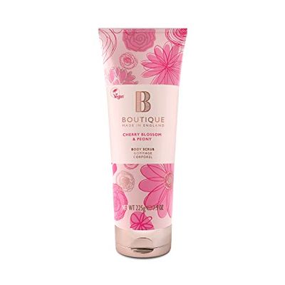 Boutique Cherry Blossom & Peony Fragrance Body Scrub 225ml, Exfoliating Body Scrub Refreshing - Essential Oils - Vegan and Cruelty Free, No SLS or Parabens - Made In England