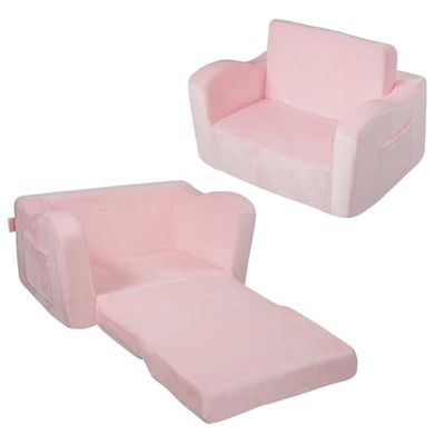 VEVOR Fauteuil pour enfants pliable, canapé pour enfant 2 en 1, en éponge 25D haute densité souple et confortable et housse en tissu de flanelle, meuble de salle de jeux, cadeau pour tout-petits, rose