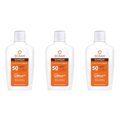 Ecran Sunnique - Latte protettivo solare UPF 50, protezione UVB + UVA e IR-A, rinforza le difese, protegge la pelle, idratazione 24h, formula con VitEox 80, per tutta la famiglia, confezione da 3 x