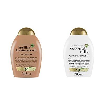 OGX Coconut Milk Conditioner for Dry Damaged Hair, 385ml & Brazilian Keratin Smooth Shampoo, 385ml