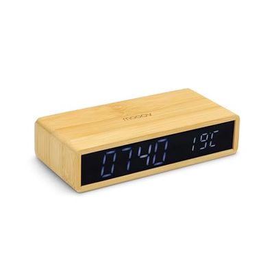 MOOOV 477348 - Reloj Despertador Digital de bambú, Despertador con Pantalla LED Grande, indicador de Temperatura Interior, Brillo Regulable, 3 alarmas Independientes