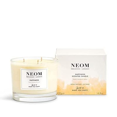 NEOM- Happiness Scented Candle, 3 Wick | Essential Oil Aromatherapy Candle | Neroli, Mimosa & Lemon | Scent to Make You Happy,White,420 g (Pack of 1),1101165