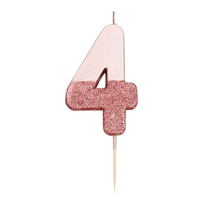 Talking Tables BDAY-CANDLE-RG-4 Roze Goud Glitter Nummer 4 kaars, Premium kwaliteit taarttopper decoratie, Mooi, sprankelend voor kinderen, volwassenen, 40e verjaardagsfeestje, jubileum, mijlpaal