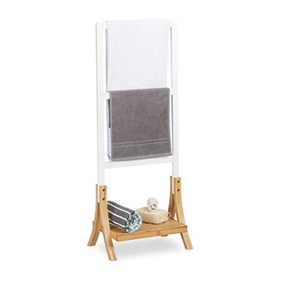 Relaxdays Portasciugamani da Terra per il Bagno, a 3 Bracci, con Ripiano Portaoggetti, 104x41x28,5 cm, Naturale Bianco