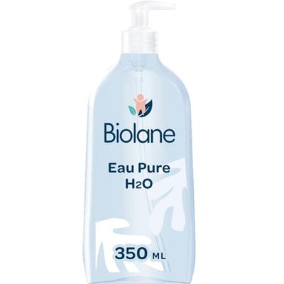 BIOLANE - Czysta woda H2O - Nowe opakowanie - środek do czyszczenia twarzy, ciała i fotelika dla dziecka - bez spłukiwania - 1 butelka z pompką 350ml - Wyprodukowano we Francji