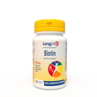 LongLife® Biotin 900 | Haut dosage 900mcg par comprimé | Biotine cheveux pousse rapide | B8 vitamine cheveux | Sans gluten et végan