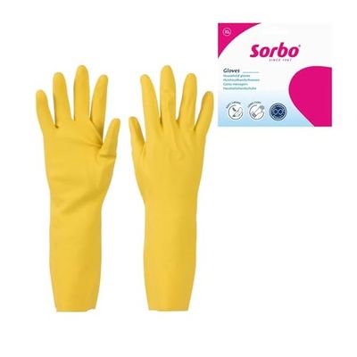 Sorbo Hushållshandskar XL – extra lång mudd – halkfri greppprofil – för hushåll och professionell rengöring – gul – bekväm passform – gjord av flexibel latex