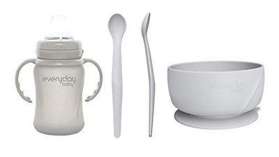 Everyday Baby Set I para Beber y Comer, A partir de 4 meses, 1 Vaso de cristal Sippy Cup (150 ml), 1 Cuenco de silicona, 2 Cucharas de silicona, Quiet Grey (Gris), 4 piezas, 30820 0303 01